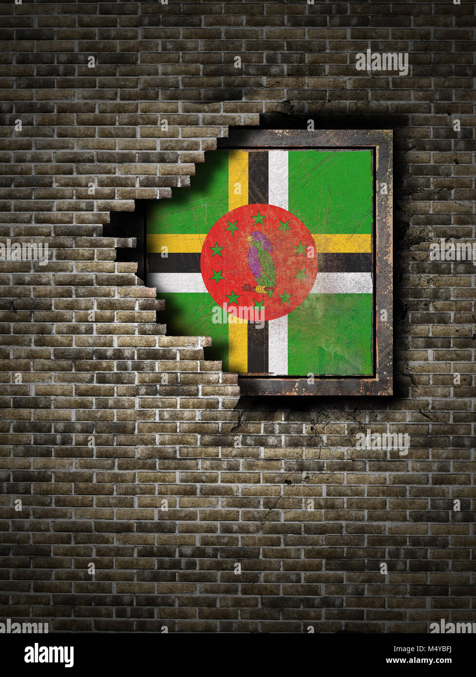 3d rendering of a Dominica flag over a rusty metallic plate embebed on ...