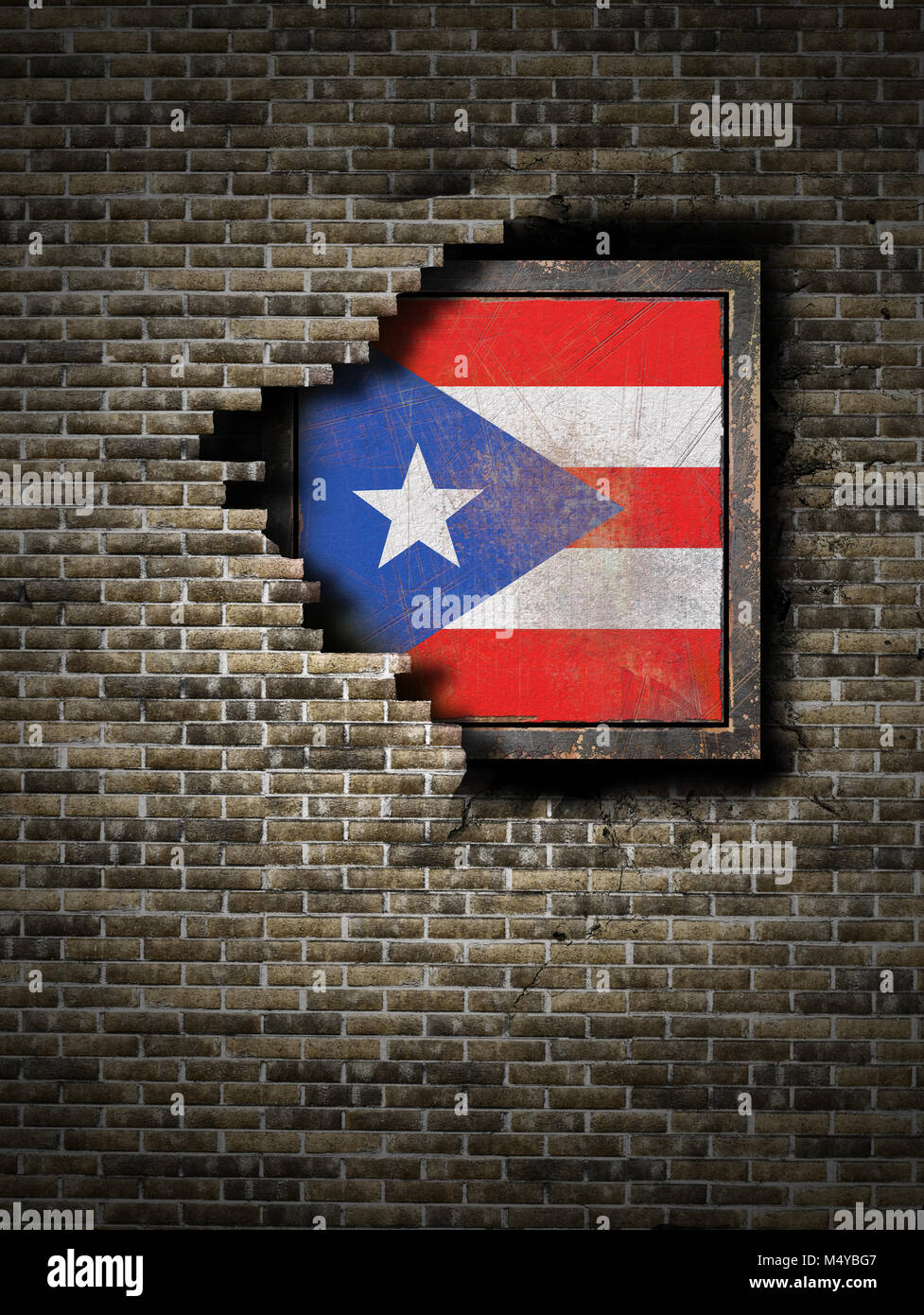 3d rendering of a Puerto Rico flag over a rusty metallic plate embebed ...