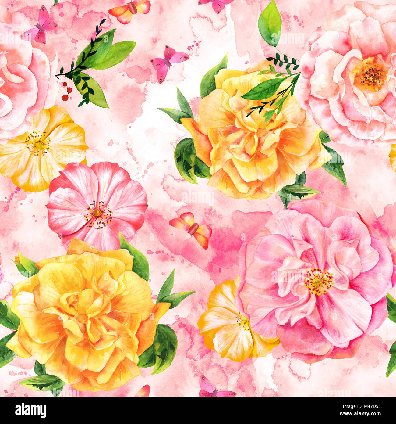 Seamless pattern with watercolor roses and butterflies on pink Stock ...