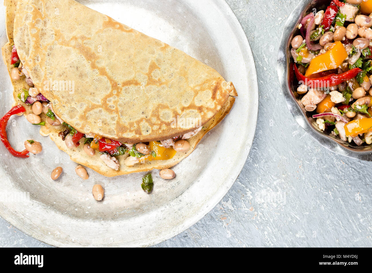Savoury Buckwheat Pancake with White Beans, Red and Yellow Bell Pepper