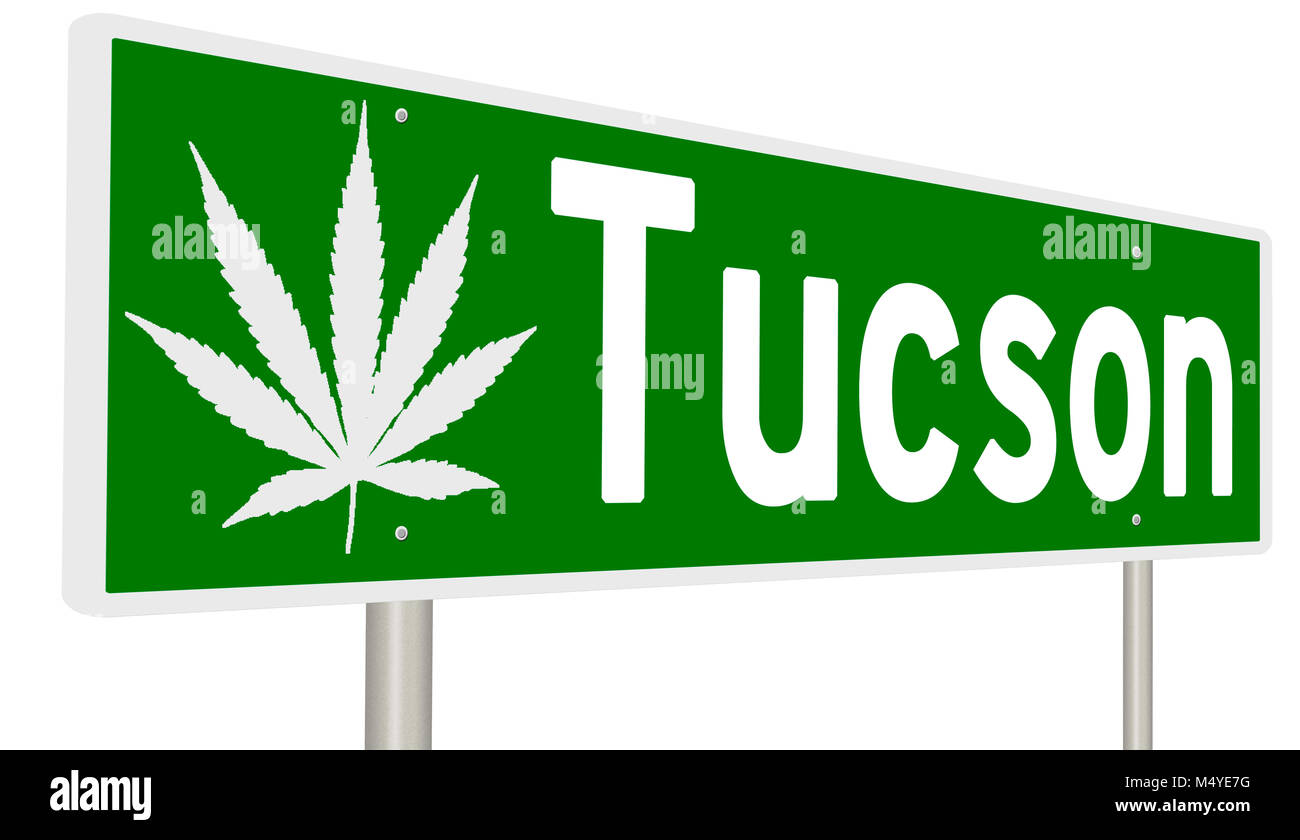 Rendering of a green highway sign with marijuana leaf for Tucson Stock Photo