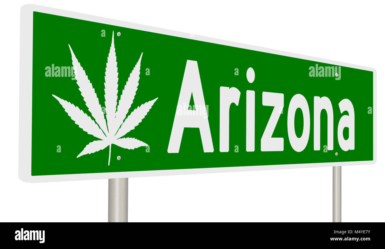 Rendering of a green highway sign with marijuana leaf for Arizona Stock Photo