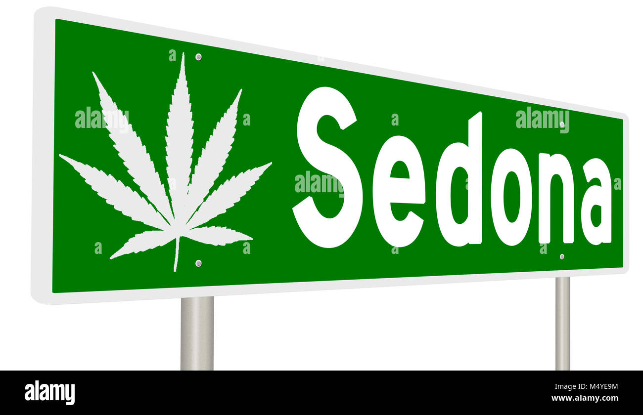 Rendering of a green highway sign with marijuana leaf for Sedona Stock Photo