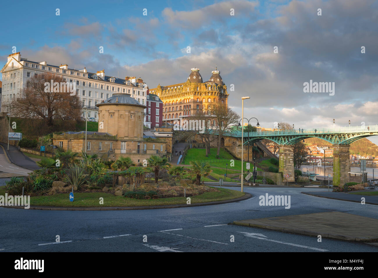 Scarborough UK, view of the Rotunda Museum, the Grand Hotel and the Spa Bridge from the Valley Road in Scarborough. North Yorkshire. Stock Photo