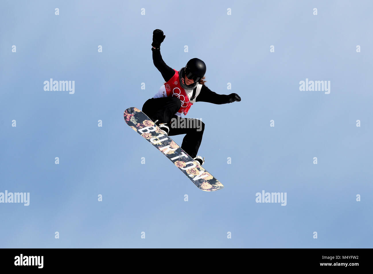 Switzerland's Sina Candrian in the Ladies Snowboarding Big Air at the Alpensia Ski Jumping Centre during day ten of the PyeongChang 2018 Winter Olympic Games in South Korea. Stock Photo