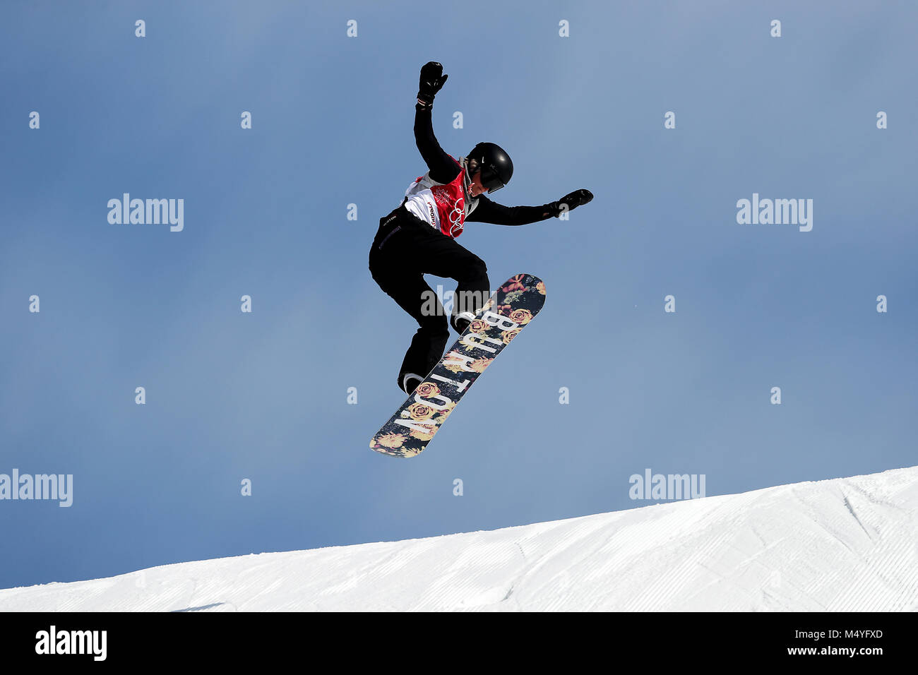 Switzerland's Sina Candrian in the Ladies Snowboarding Big Air at the Alpensia Ski Jumping Centre during day ten of the PyeongChang 2018 Winter Olympic Games in South Korea. Stock Photo