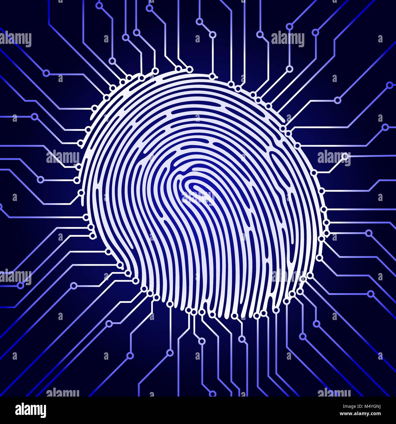 Fingerprint scanning, digital biometric security system, data protection, dark blue background, vector illustration Stock Vector