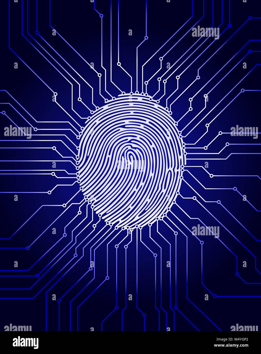 Fingerprint scanning, digital biometric security system, data protection, dark blue background, vector illustration Stock Vector