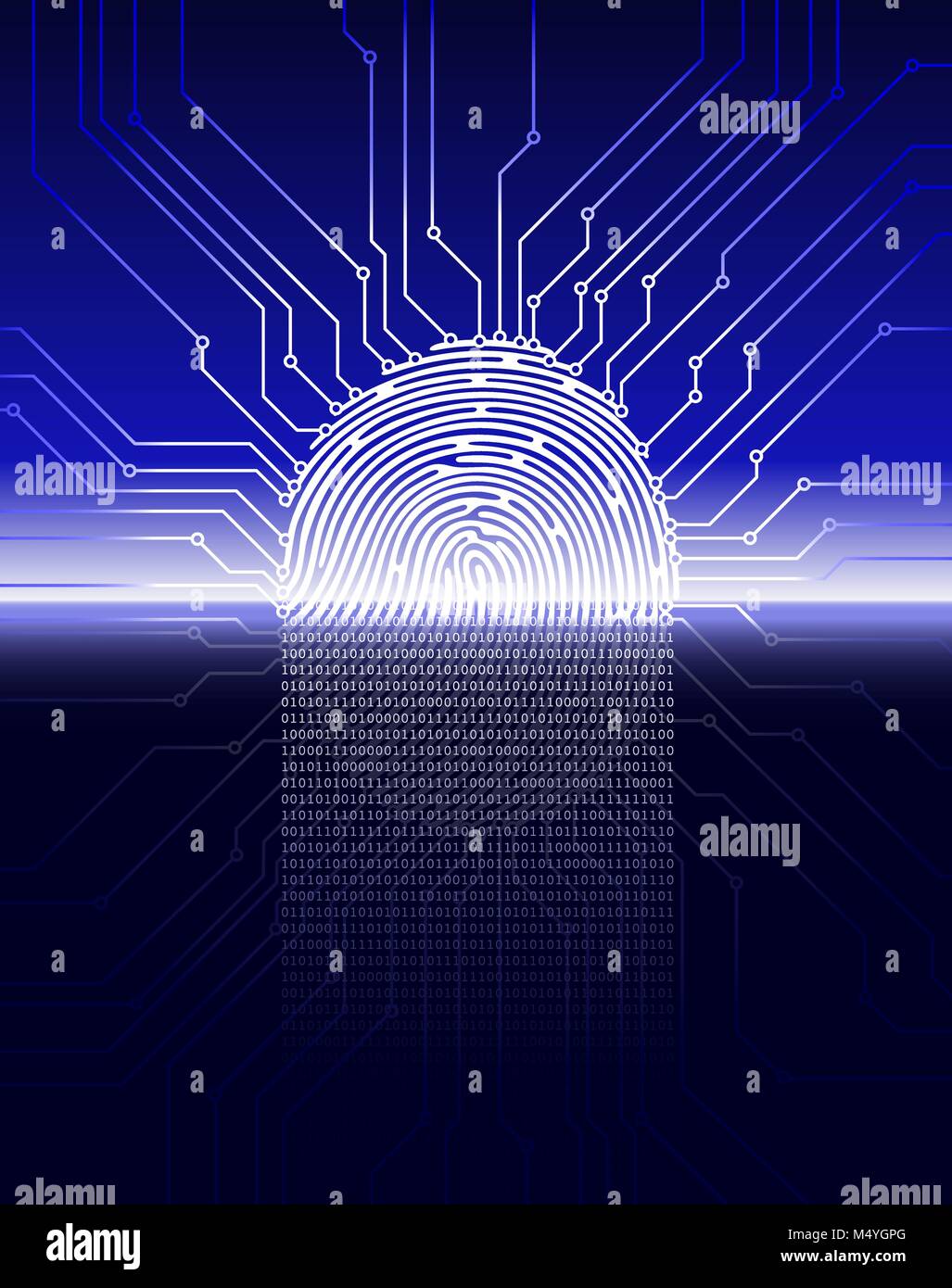 Fingerprint scanning, digital biometric security system, data protection, dark blue background, vector illustration Stock Vector