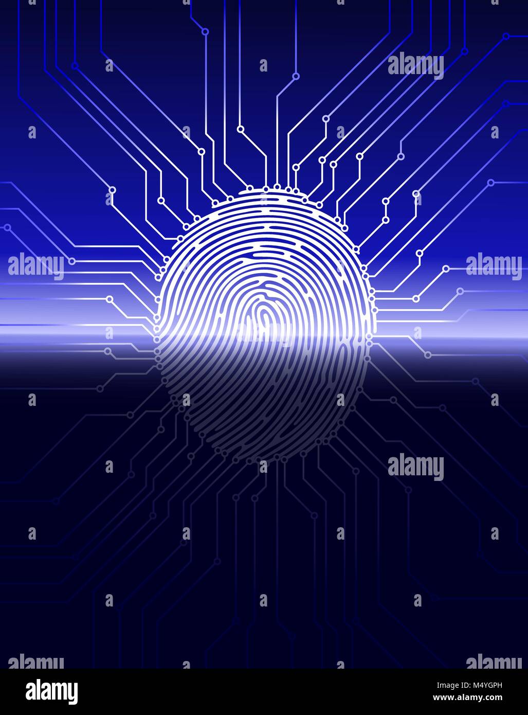 Fingerprint scanning, digital biometric security system, data protection, dark blue background, vector illustration. Stock Vector
