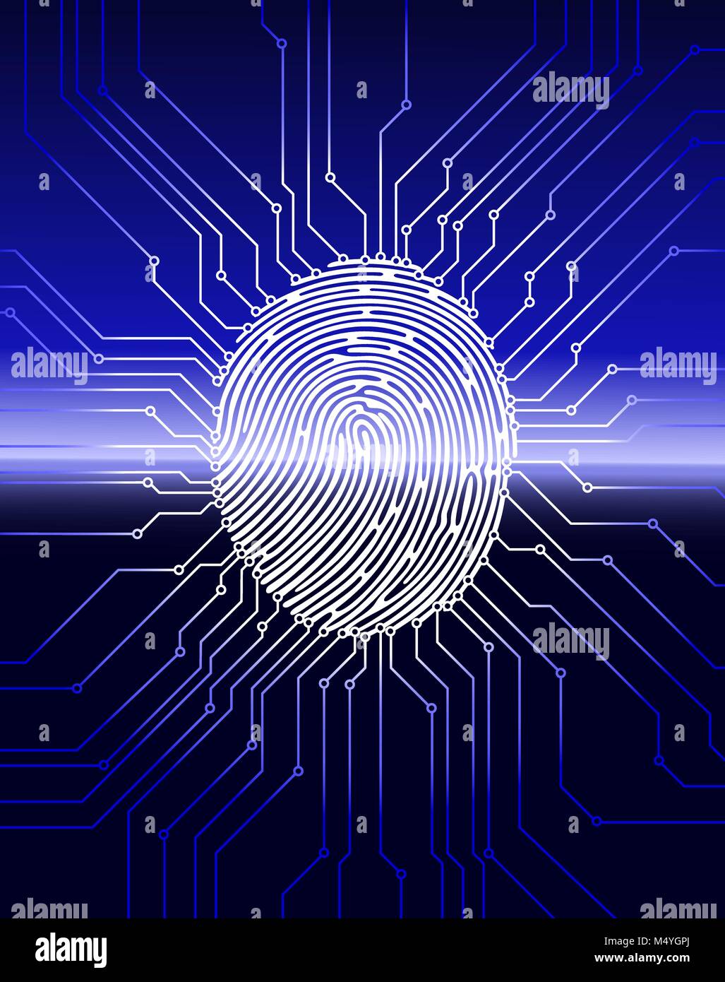 Fingerprint scanning, digital biometric security system, data protection, dark blue background, vector illustration Stock Vector