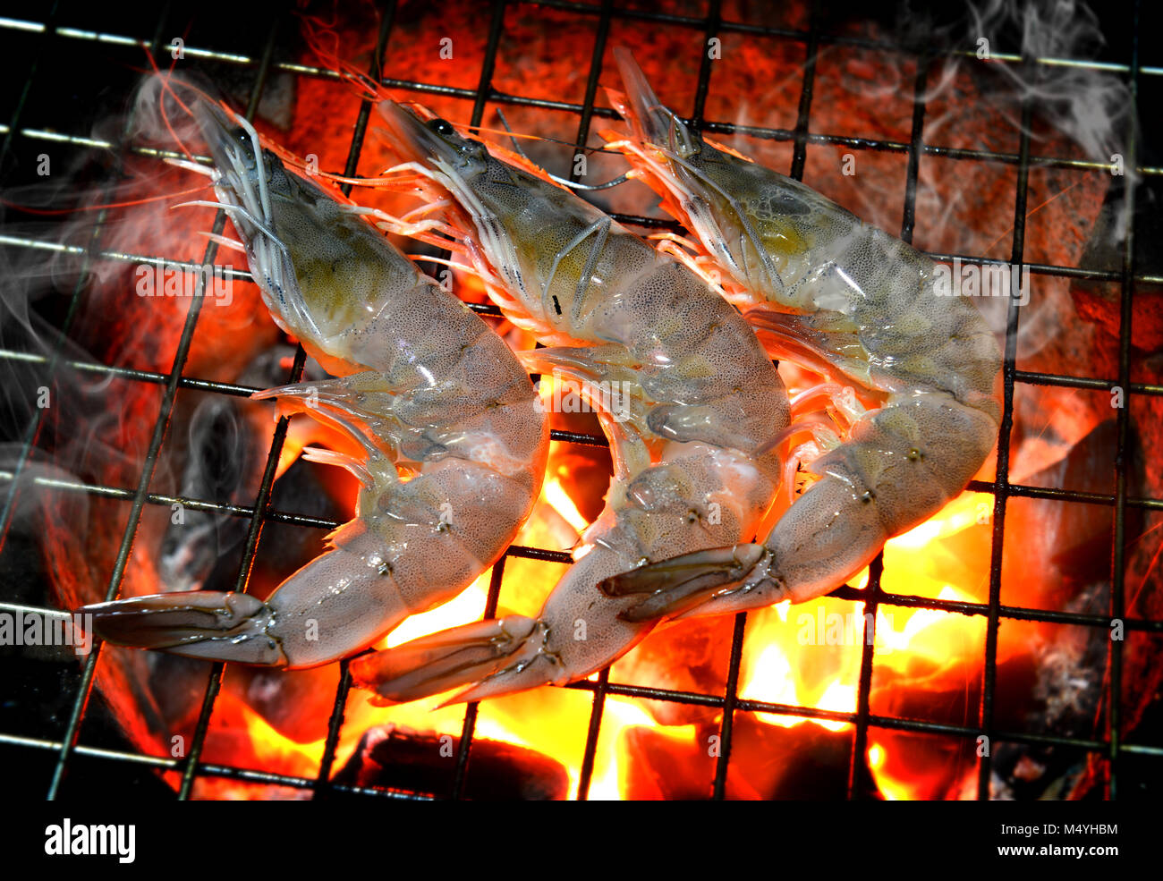 Grill Shrimp in hot fire from charcoal photo in outdoor lowlight