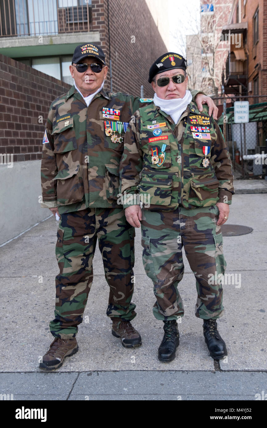 Two senior Korean War veterans at the Chinese New Year Parade in Flushing, Queens, New York City. Stock Photo
