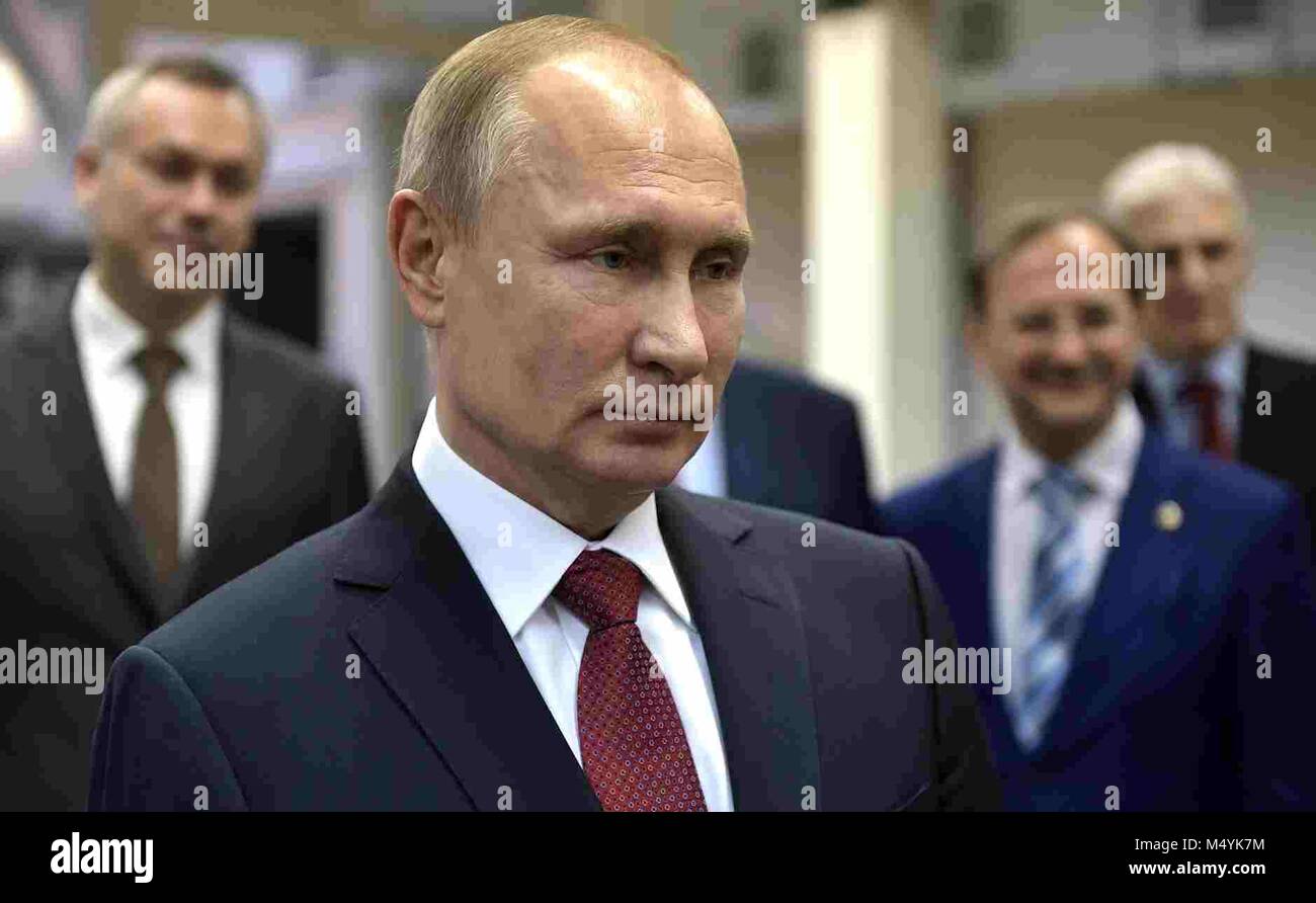 Russian President Vladimir Putin during a tour of the Budker Institute of Nuclear Physics February 8, 2018 in Akademgorodok, Russia. Stock Photo