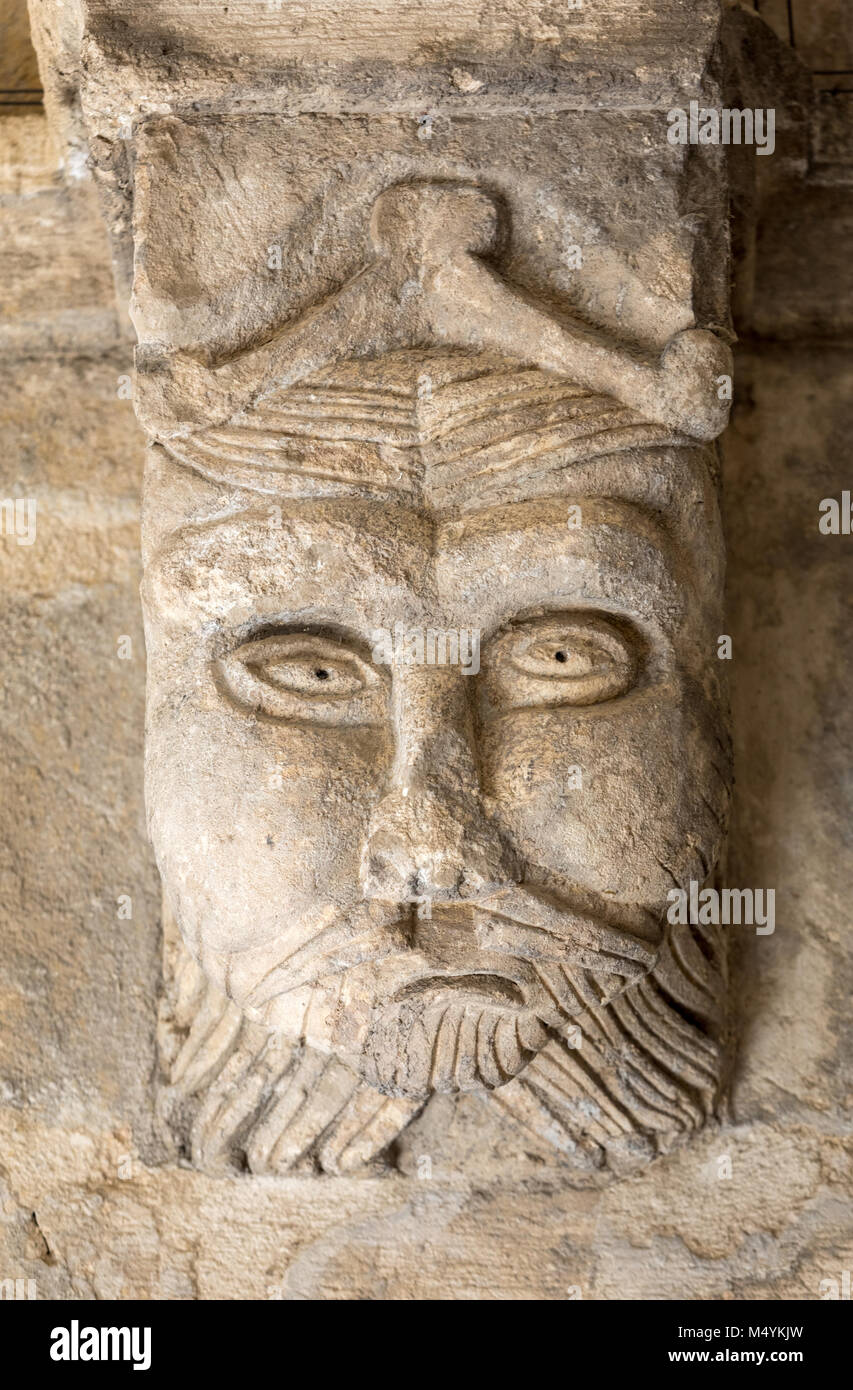 Romanesque Carving of a Strange Head or Face (c12th) Capital in Cloisters of Montmajour Abbey