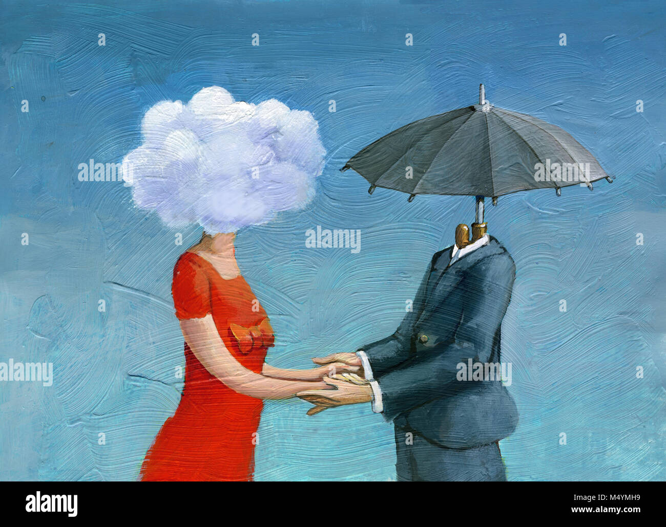 couple in profile, she has a cloud instead of the head, he an umbrella, Stock Photo