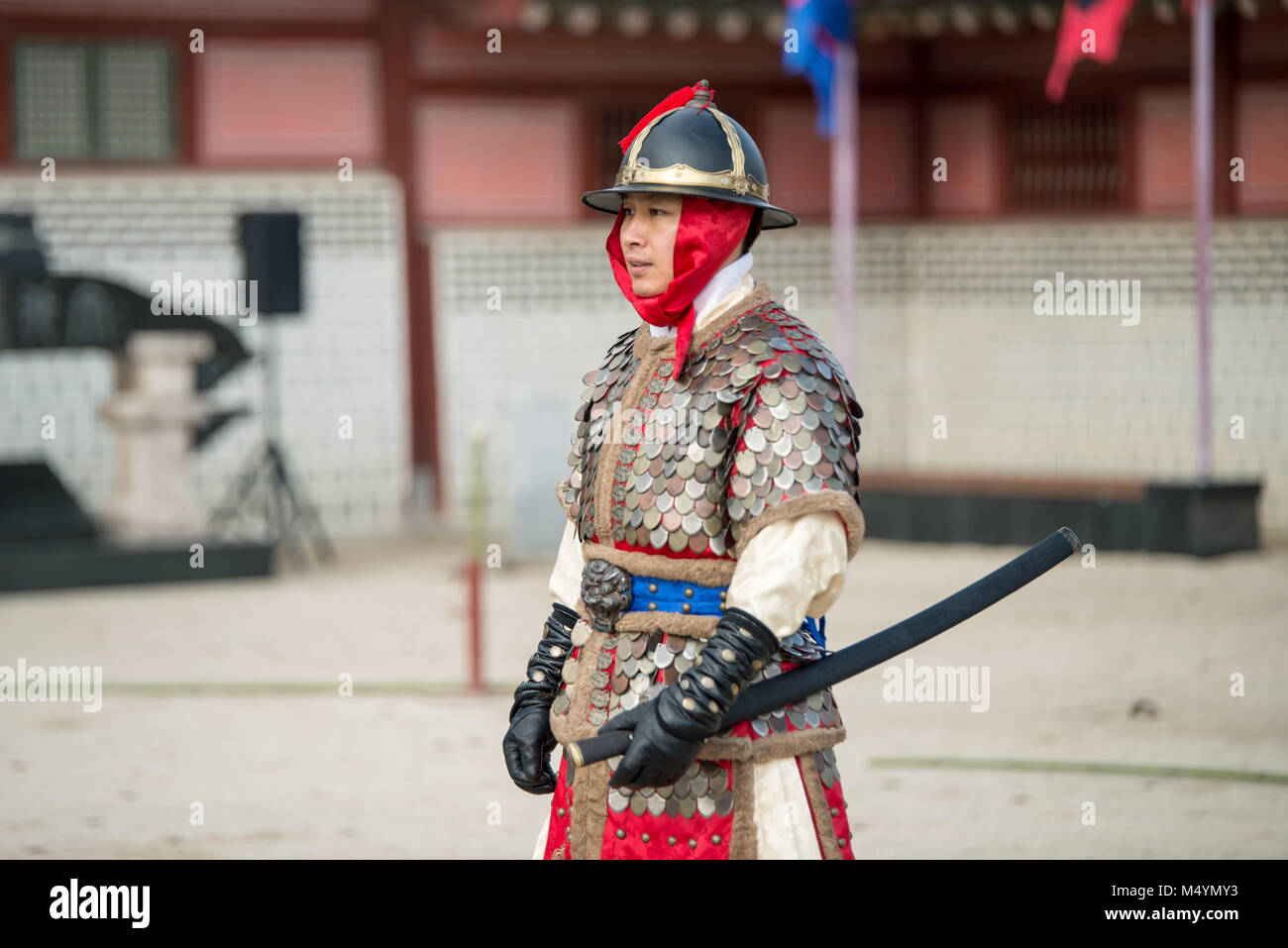 Korean soldier with traditional Joseon dynasty during show martial arts