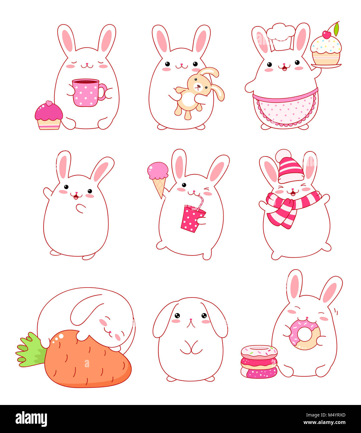 Set of cute rabbits in kawaii style. Funny, happy, laughing, sleeping, sad, running, eating, with cake, with letter, with donuts, ice cream and a glas Stock Photo