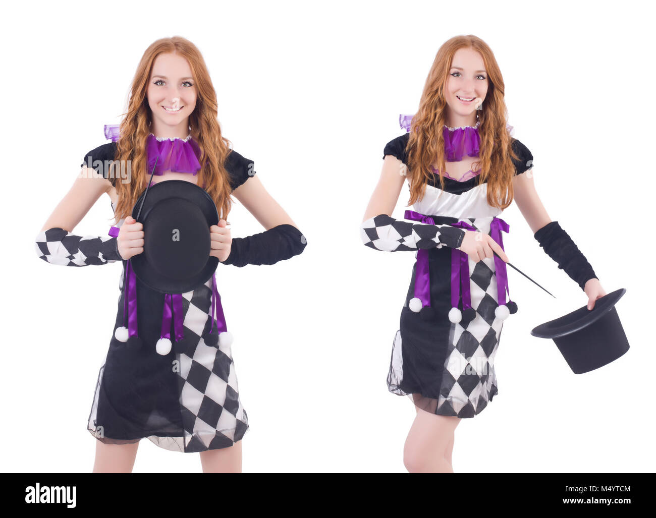 A girl in harlequin costume isolated on white Stock Photo - Alamy