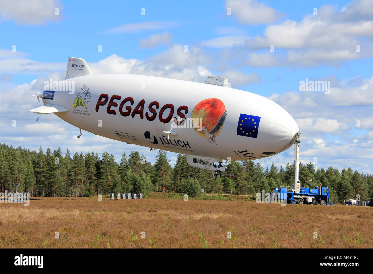 JAMIJARVI, FINLAND - JUNE 15, 2013: Pegasos Zeppelin NT airship in Jamijarvi, Finland on June 15, 2013 after completing the ca. 30 research flights as Stock Photo