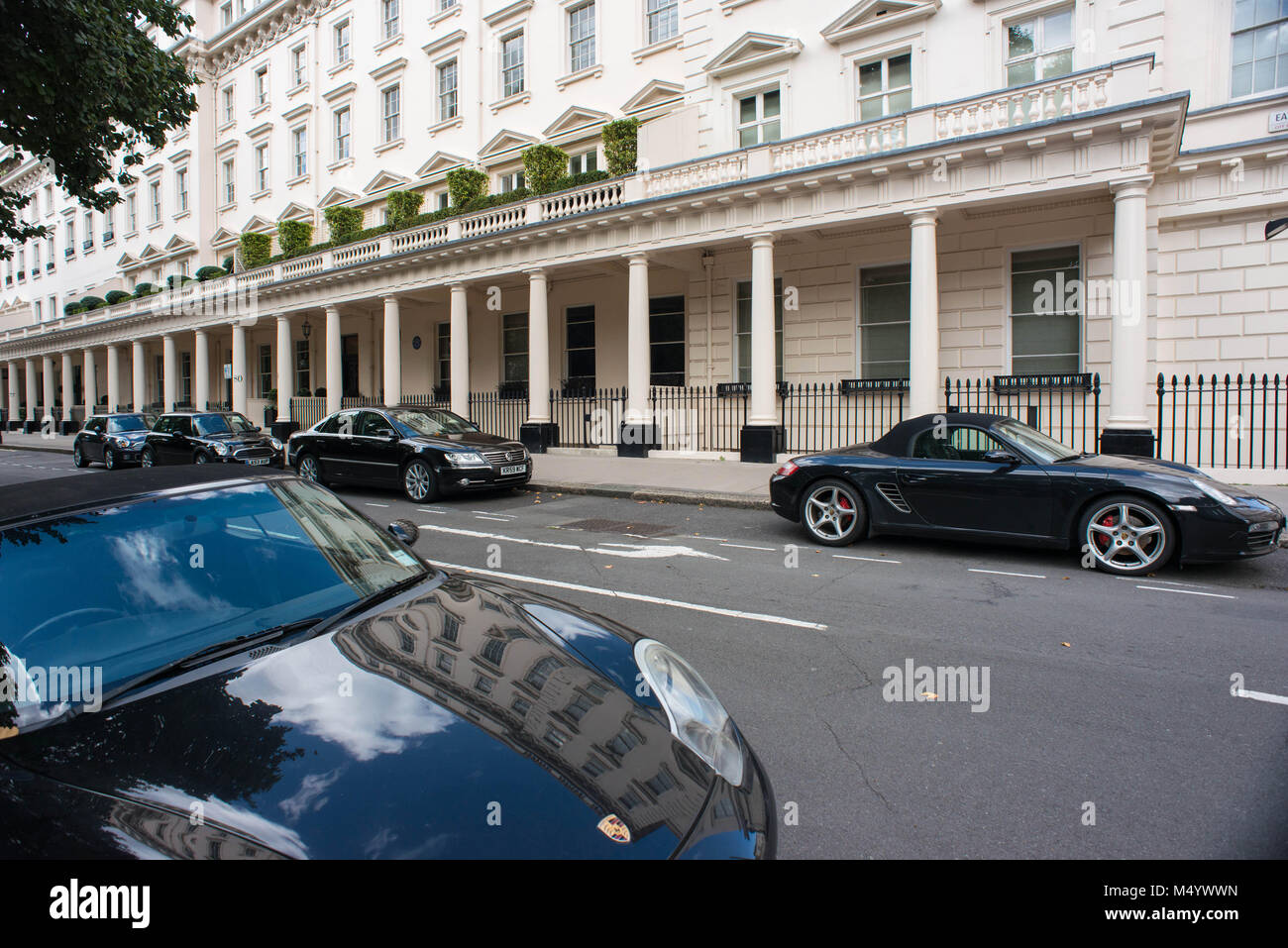 London, United Kingdom. Luxury cars in Belgravia Square. Stock Photo