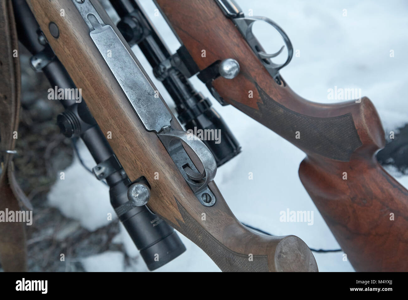 Close up of two rifles during hunting trip, New Zealand Stock Photo