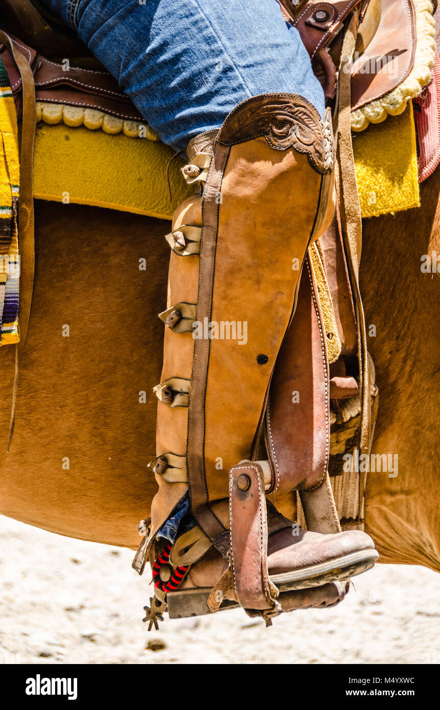 Hand-tooled leather coverings of leg worn by a charro, a traditional Mexican cowboy, astride a horse. Stock Photo