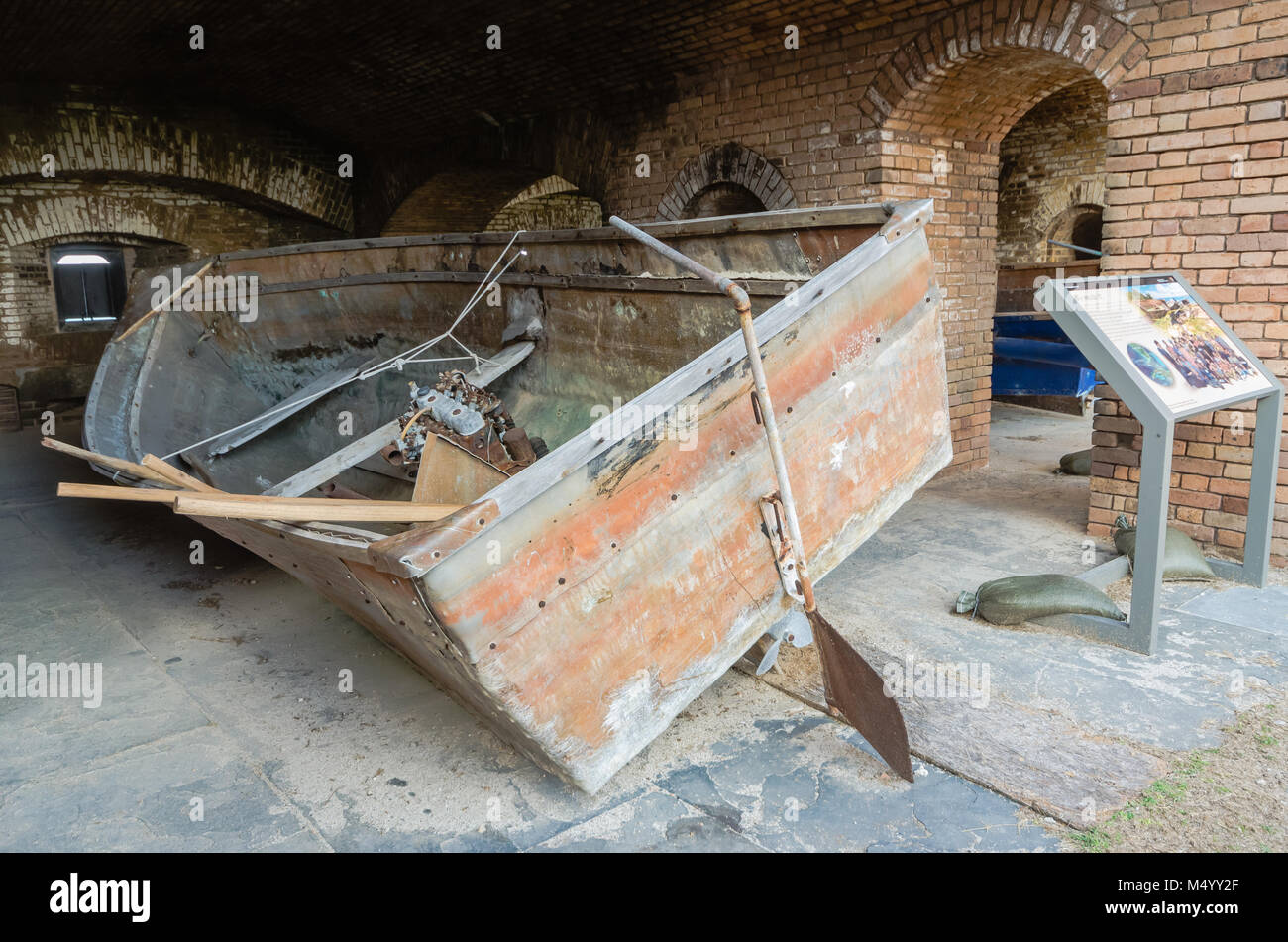 Exhibit at Fort Jefferson shows examples of the makeshift boats 'Balsas Cubanas' or chugs that Cubans use to escape the big island en route to USA. Stock Photo