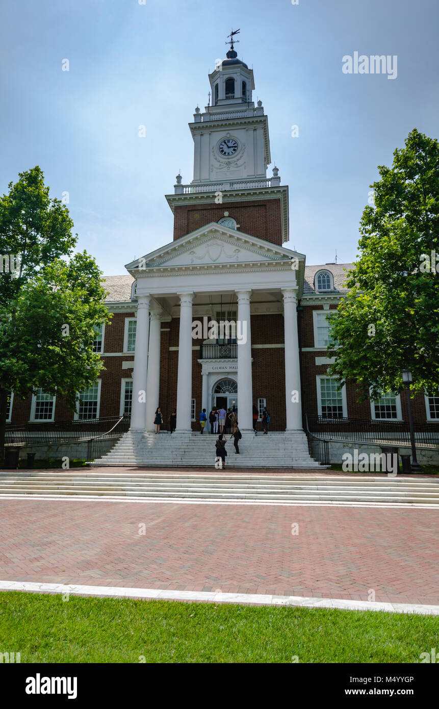 Gilman Hall is a Federal style red brick structure, built in 1915 to house the School of Arts and Sciences, at Johns Hopkins University. Stock Photo