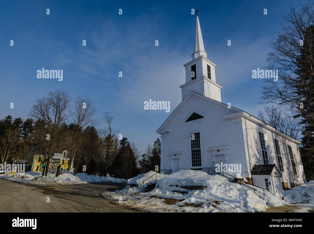Historic white church in Grafton, VT. Stock Photo