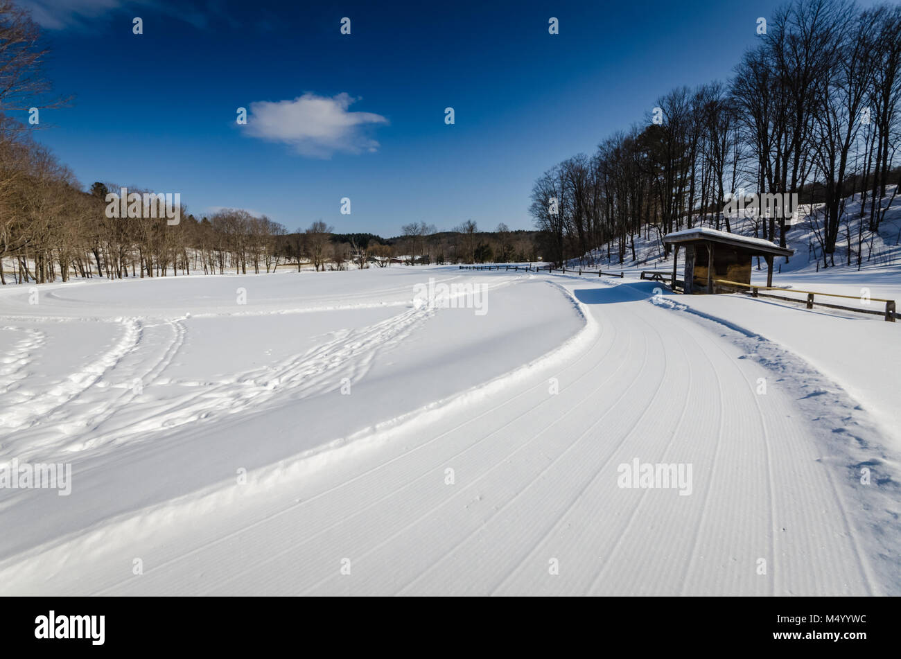 Grafton Ponds focuses on cross country skiing, snowshoeing, ice skating and tubing on a 600-foot hill. Stock Photo