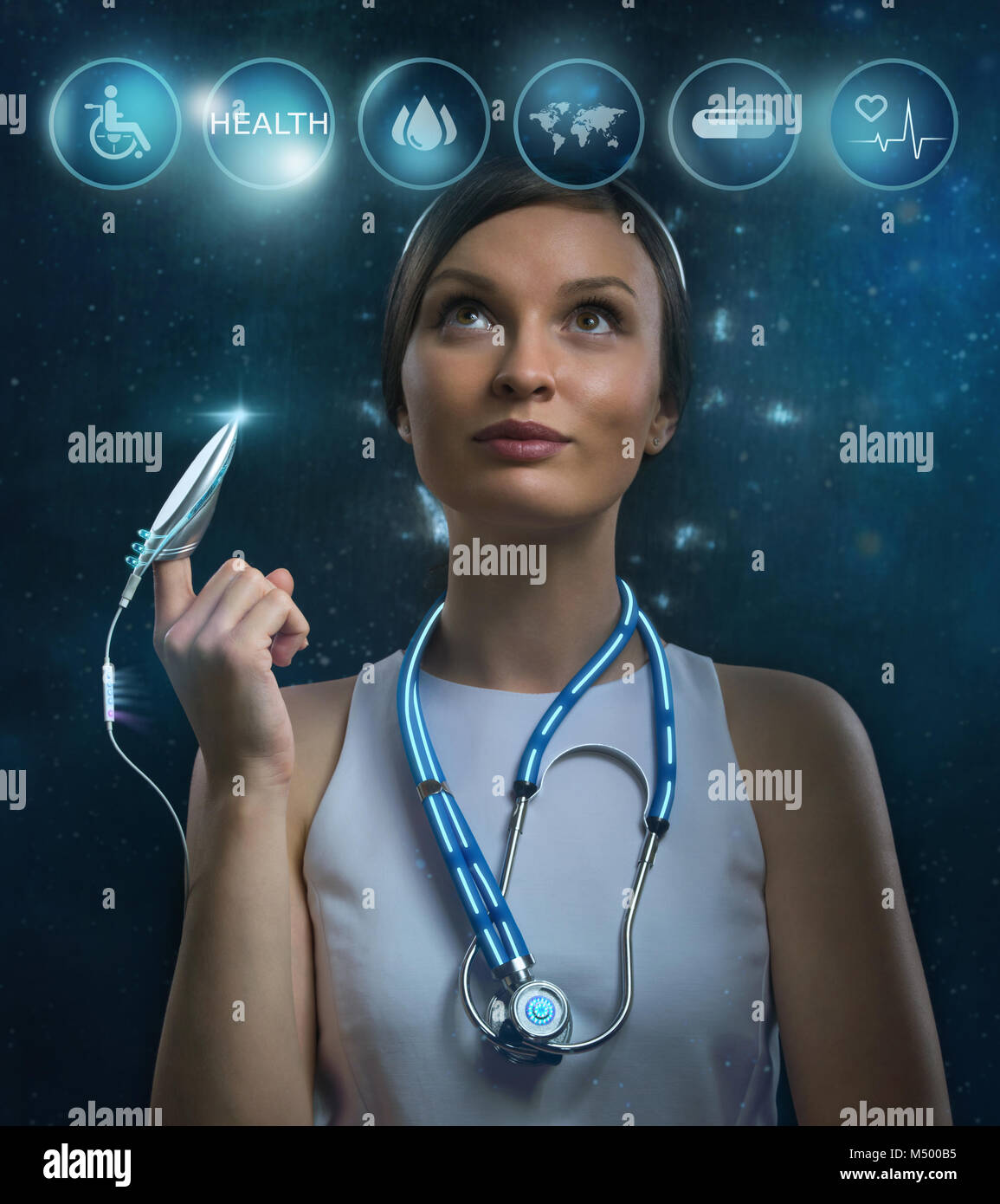 Futuristic female medical doctor working with healthcare icons. Future or Modern medical technologies concept Stock Photo