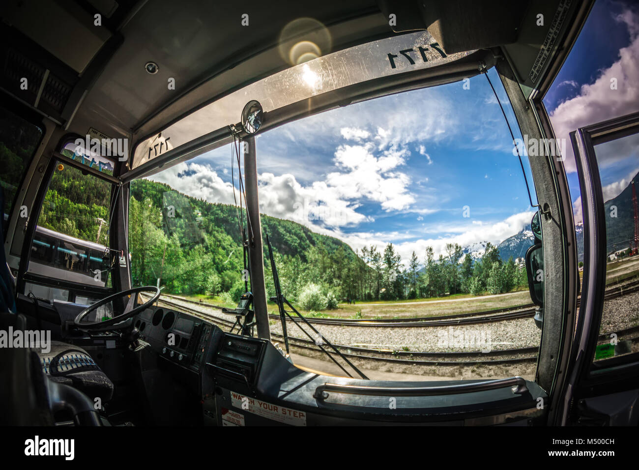tour bus in alaska parked and waiting for passengers Stock Photo