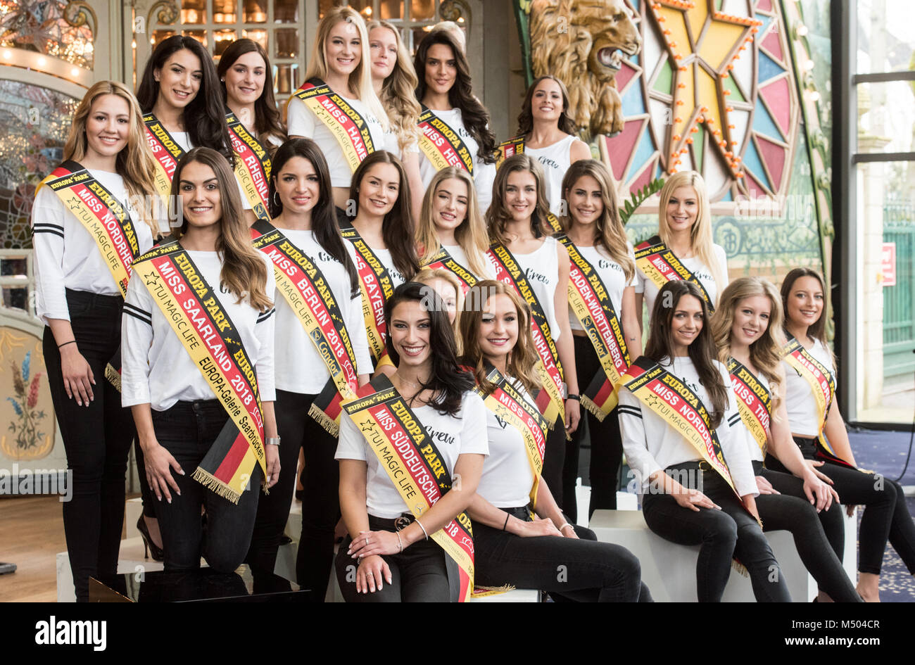 19 February 2018, Rust, Germany: Candidates of 'Miss Germany' pose for a group picture following a press conference at the Europa Park. The election process will take place on the 24th of February 2018. Photo: Patrick Seeger/dpa Stock Photo