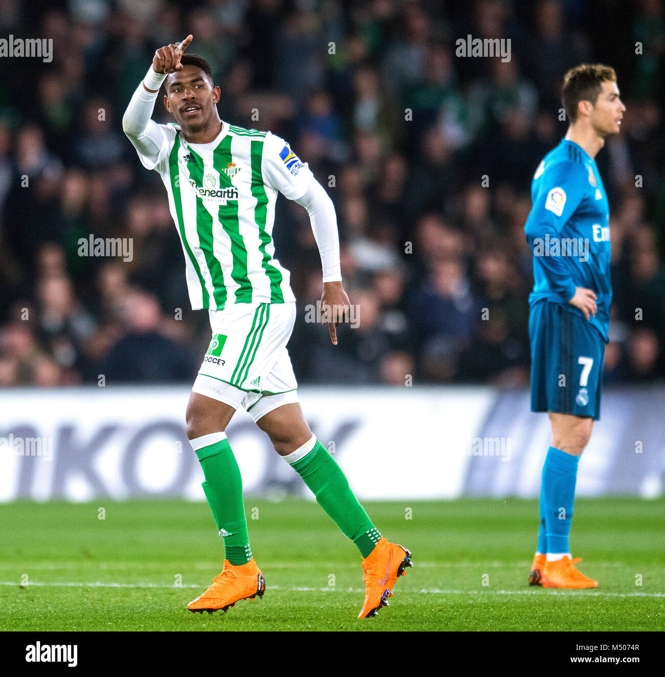 Seville, Spain. 19th Feb, 2018. Junior Firpo during the Spanish LaLiga soccer match between Real Betis and Real Madrid, played at Benito Villamarin Stadium, in Sevilla, Spain, on Sunday, February 18, 2018. Credit: Gtres Información más Comuniación on line, S.L./Alamy Live News Stock Photo