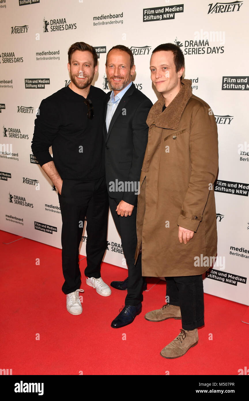 Berlin, Germany. 19 February 2018, Berlinale, Drama Series Days, Showcase " Parfum", Zoo Palast: The actors Ken Duken (L-R), Wotan Wilke Moehring and  August Diehl. A co-production of Constantin Film with ZDFneo. Photo: