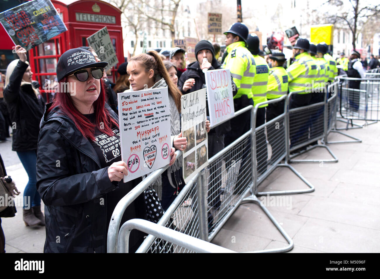 London, UK. 17th February 2018, Animal rights activists protest against the use of animal fur in the fashion industry outside of the venue for London Fashion Week. Mariusz Goslicki/Alamy Live News Stock Photo