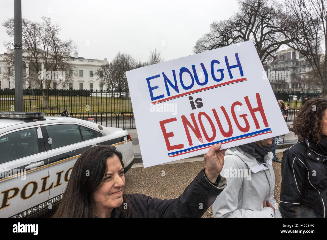 Washington, DC, USA. 19th February, 2018. Demonstrators in front of the White House protest government's long-standing inaction on gun control, following deadly shooting in a south Florida high school by a former student, 19-year old Nikolas Cruz, who had legally purchased an AR-15 assault rifle, which he used to kill 17 students and wound numerous others. Bob Korn/Alamy Live News Stock Photo