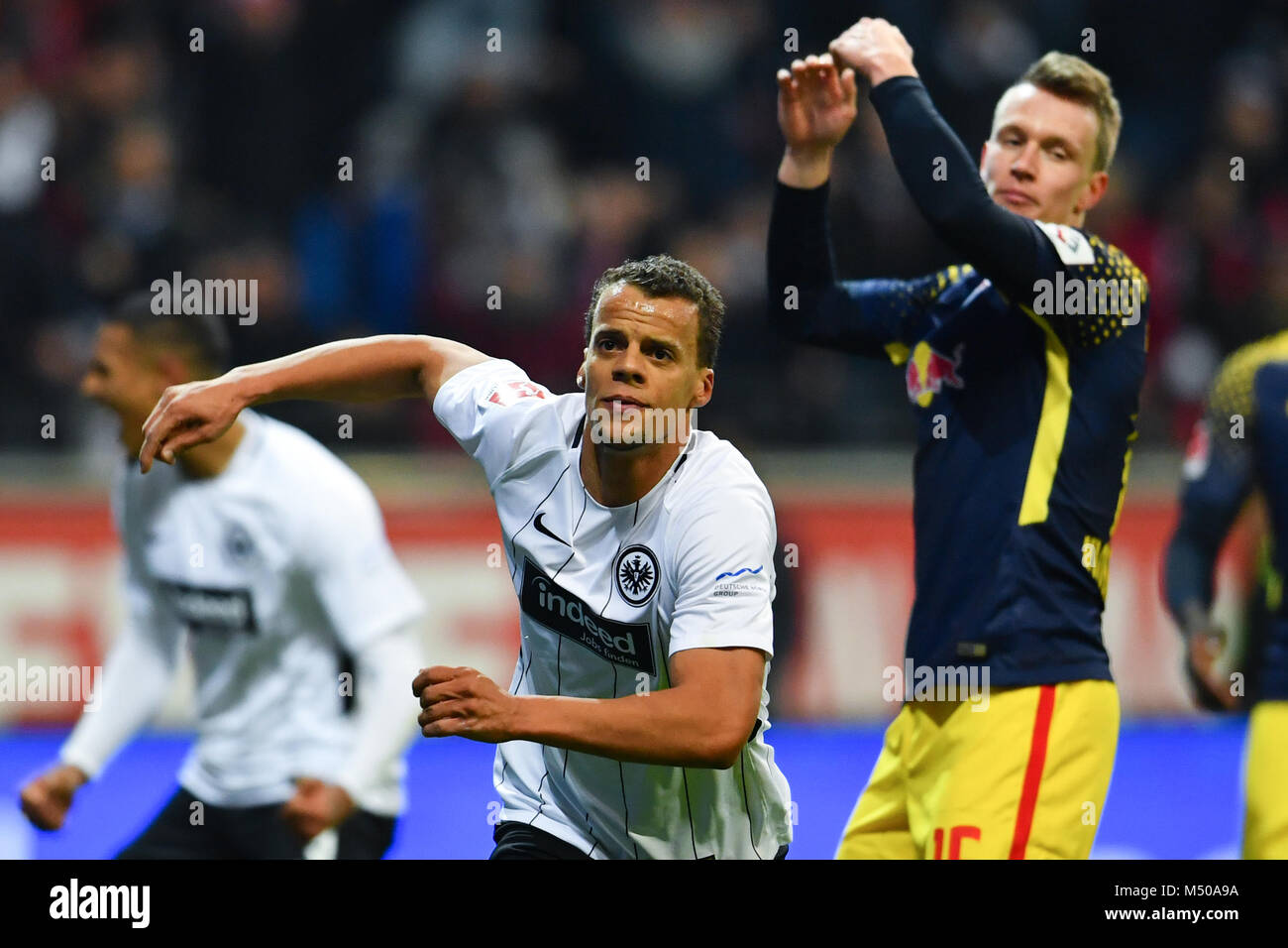19 Febuary 2018, Germany, Frankfurt/Main, soccer: Bundesliga, Eintracht Frankfurt vs RB Leipzig, 23 play day, in the Commerzbank Arena. Frankfurt's Timothy Chandler (C) celebrates his 1-1 goal. Photo: Uwe Anspach/dpa - Nutzung nur nach vertraglicher Vereinbarung Stock Photo