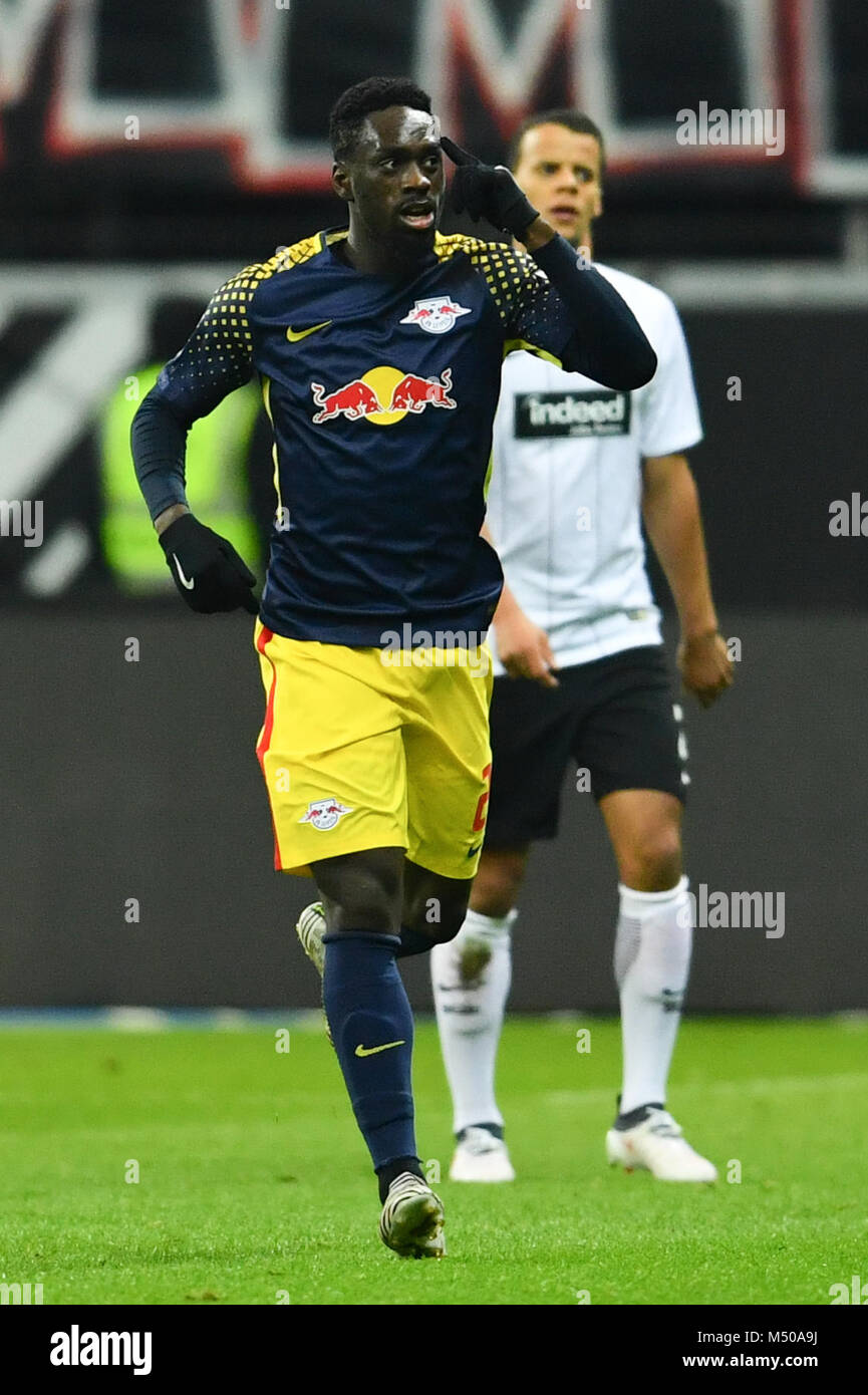 19 Febuary 2018, Germany, Frankfurt/Main, soccer: Bundesliga, Eintracht Frankfurt vs RB Leipzig, 23 play day, in the Commerzbank Arena. Leipzig's Jean-Kevin Augustin celebrates his 0-1 goal. Photo: Uwe Anspach/dpa - Nutzung nur nach vertraglicher Vereinbarung Stock Photo
