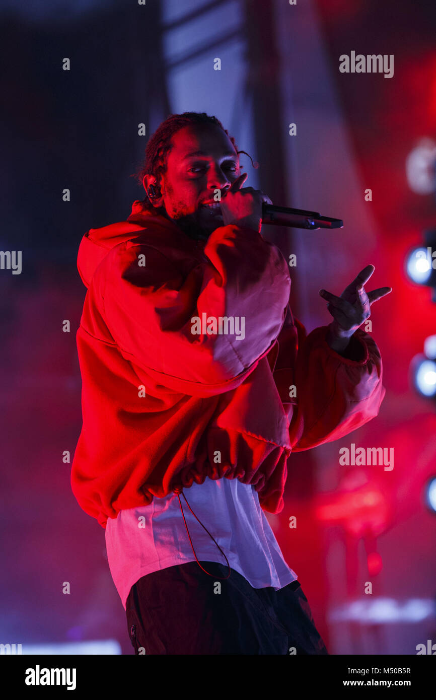 Los Angeles, CA, USA. 16th Feb, 2018. Artist Kendrick Lamar performs at  L.A. Live during the NBA All-Stars weekend road show concert on Friday,  February 16, 2018 in downtown Los Angeles, Calif.
