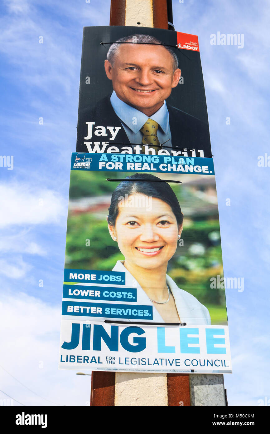 Adelaide Australia 20th February 2018. Campaign posters representing the candidates of various political  parties  are attached to poles across districts of Adelaide for the South Australian state election which will elect members to the 54th Parliament of South Australia on 17 March 2018. Credit: amer ghazzal/Alamy Live News Stock Photo