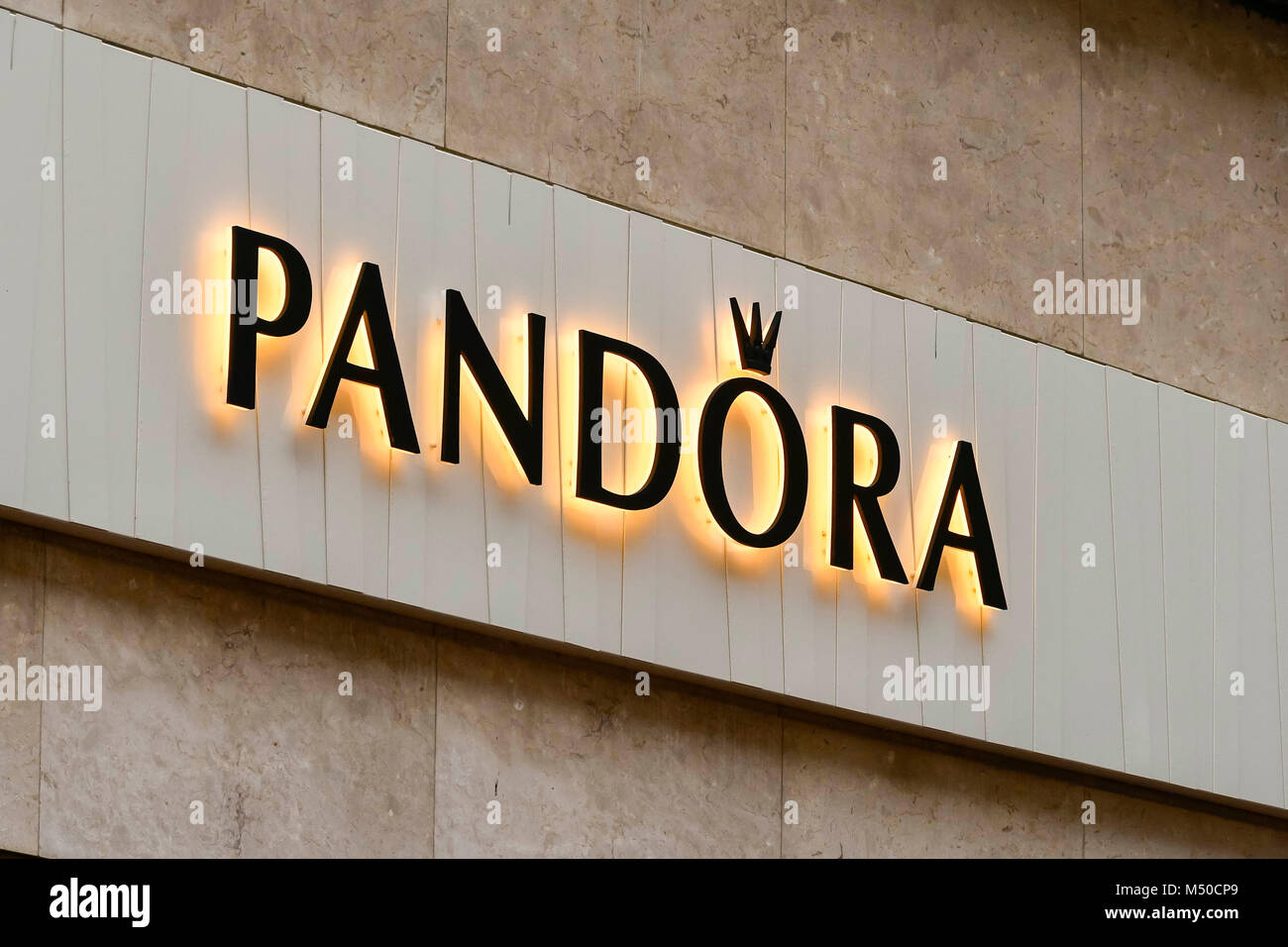 Bournemouth, Dorset, UK. 19th February 2018. Pandora shop sign on Old