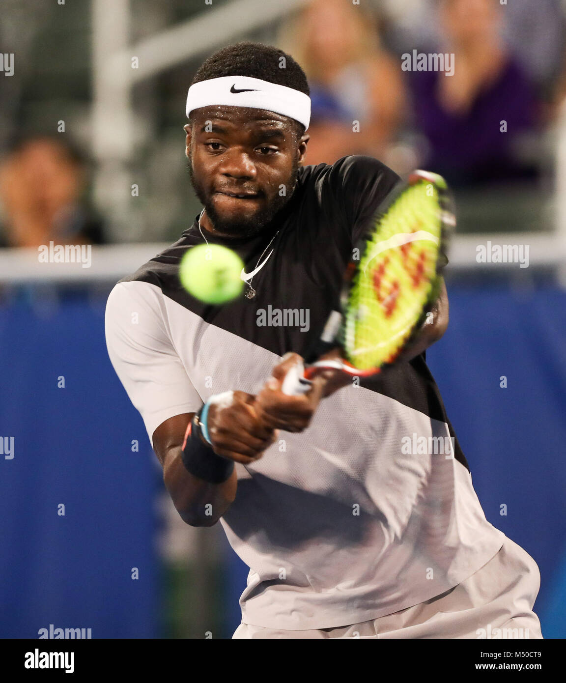 February 22, 2018: Frances Tiafoe, from USA, plays a backhand against Juan  Martin del Potro, from Argentina, during the 2018 Delray Beach Open ATP  professional tennis tournament, played at the Delray Beach