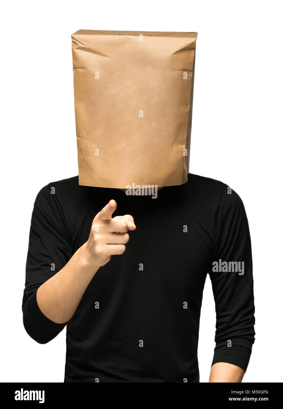 young man covering his head using a paper bag. Stock Photo