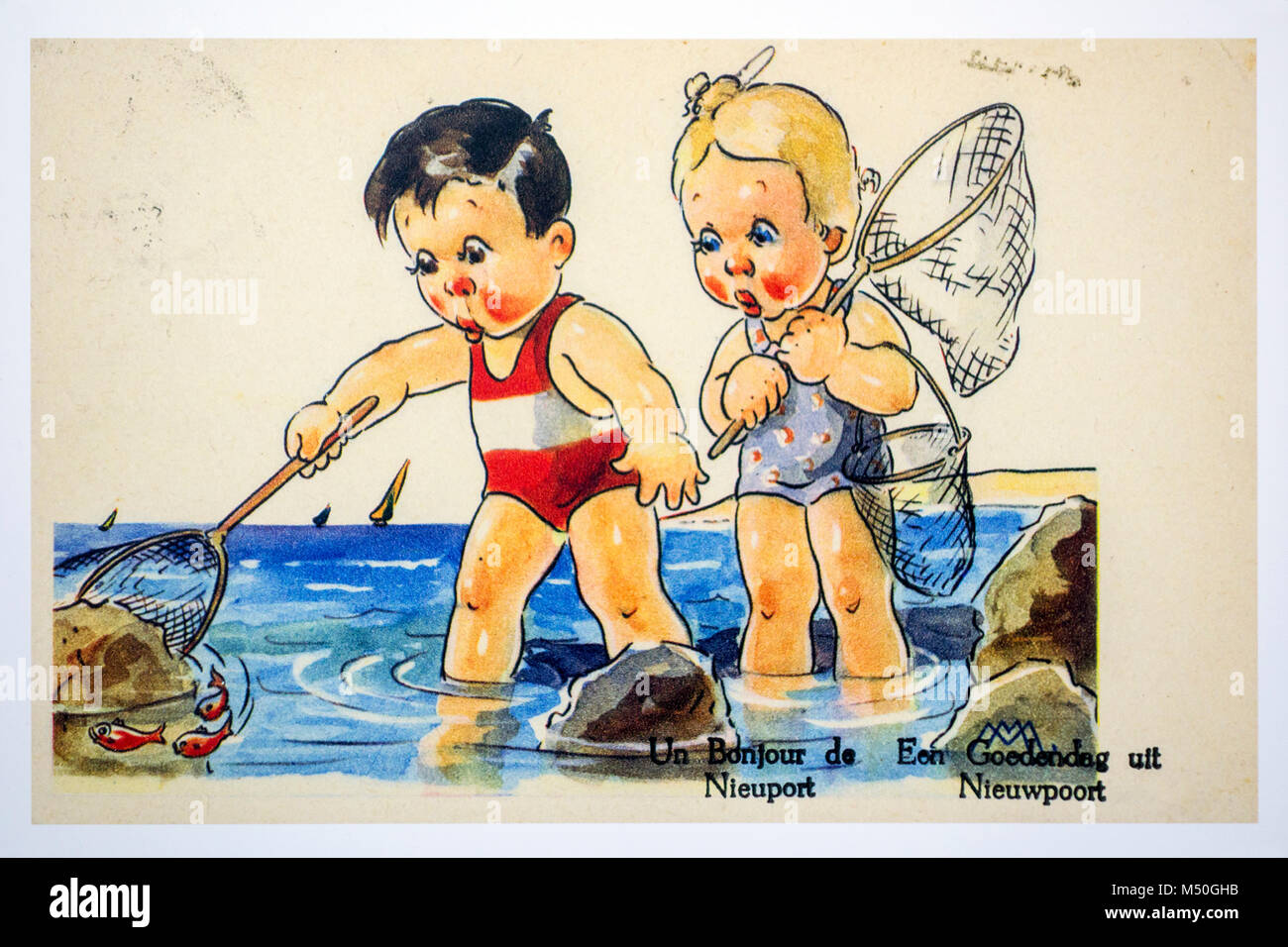 20th Century Vintage Postcard Drawing Of Two Children On The Beach Stock Photo Alamy