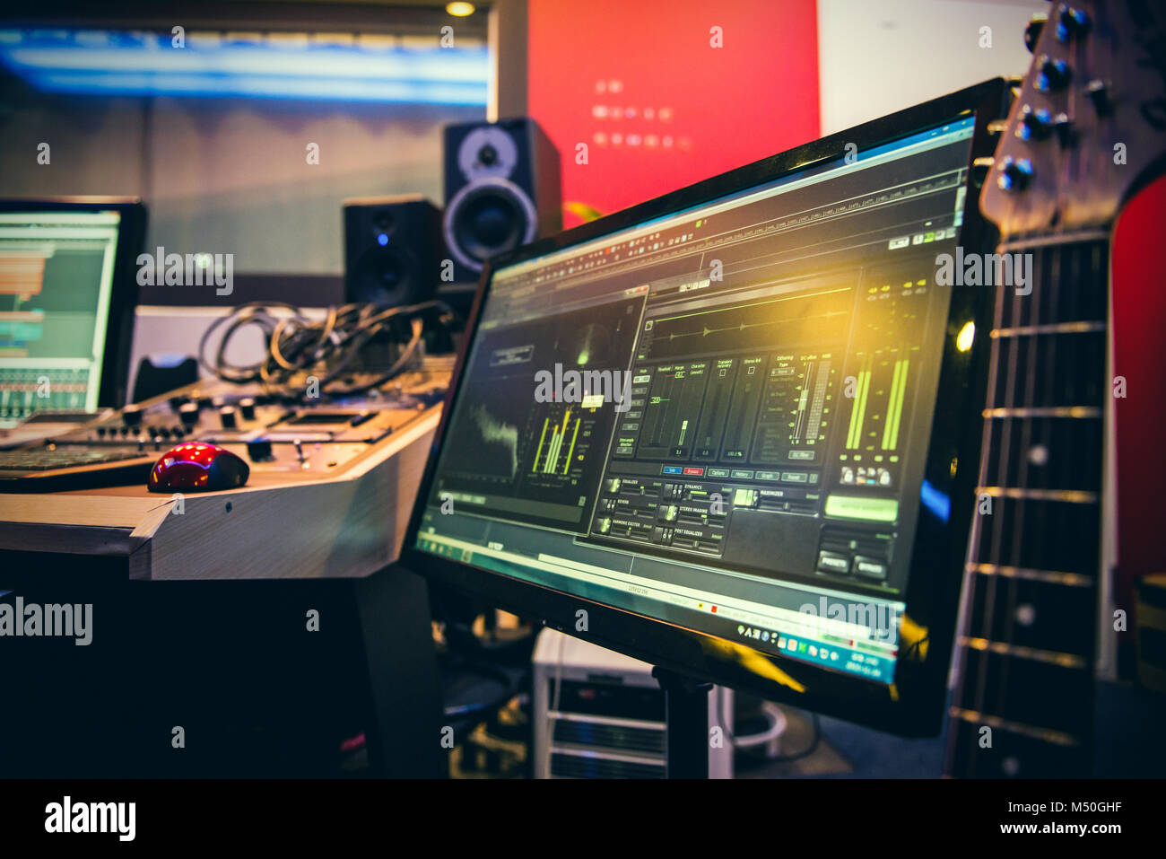Closeup of mixing deck and monitor Stock Photo Alamy