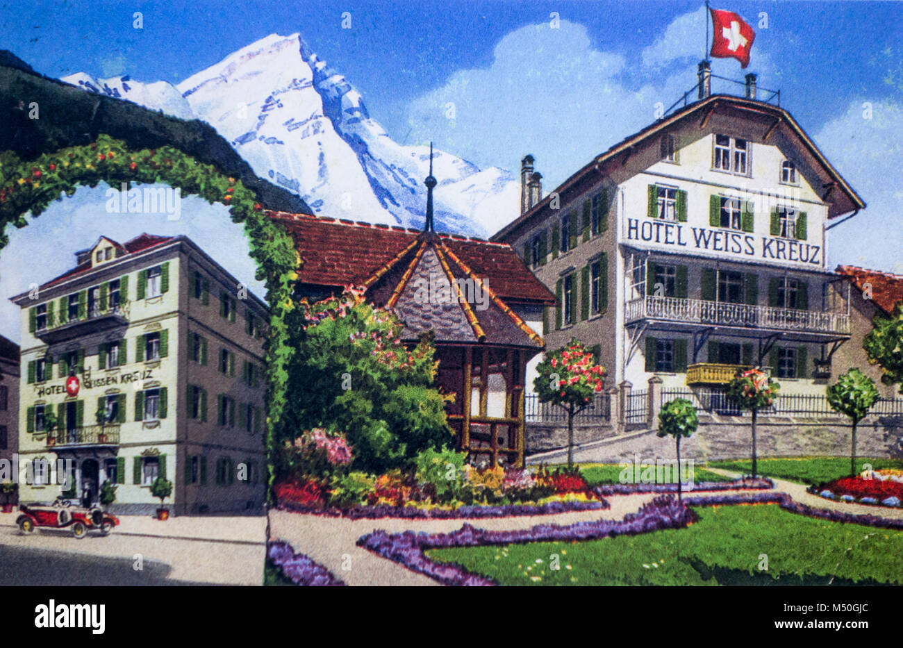 Vintage postcard of the early 20th century showing drawing of Hotel Weiss Kreuz in Swiss holiday destination, Switzerland Stock Photo