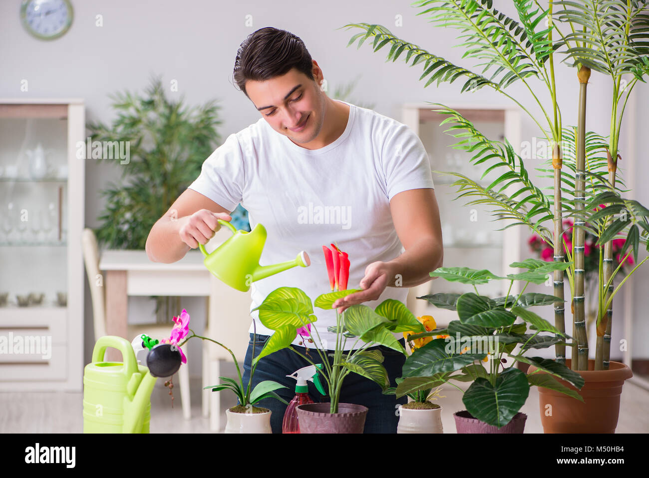 Young man in gardening concept at home Stock Photo