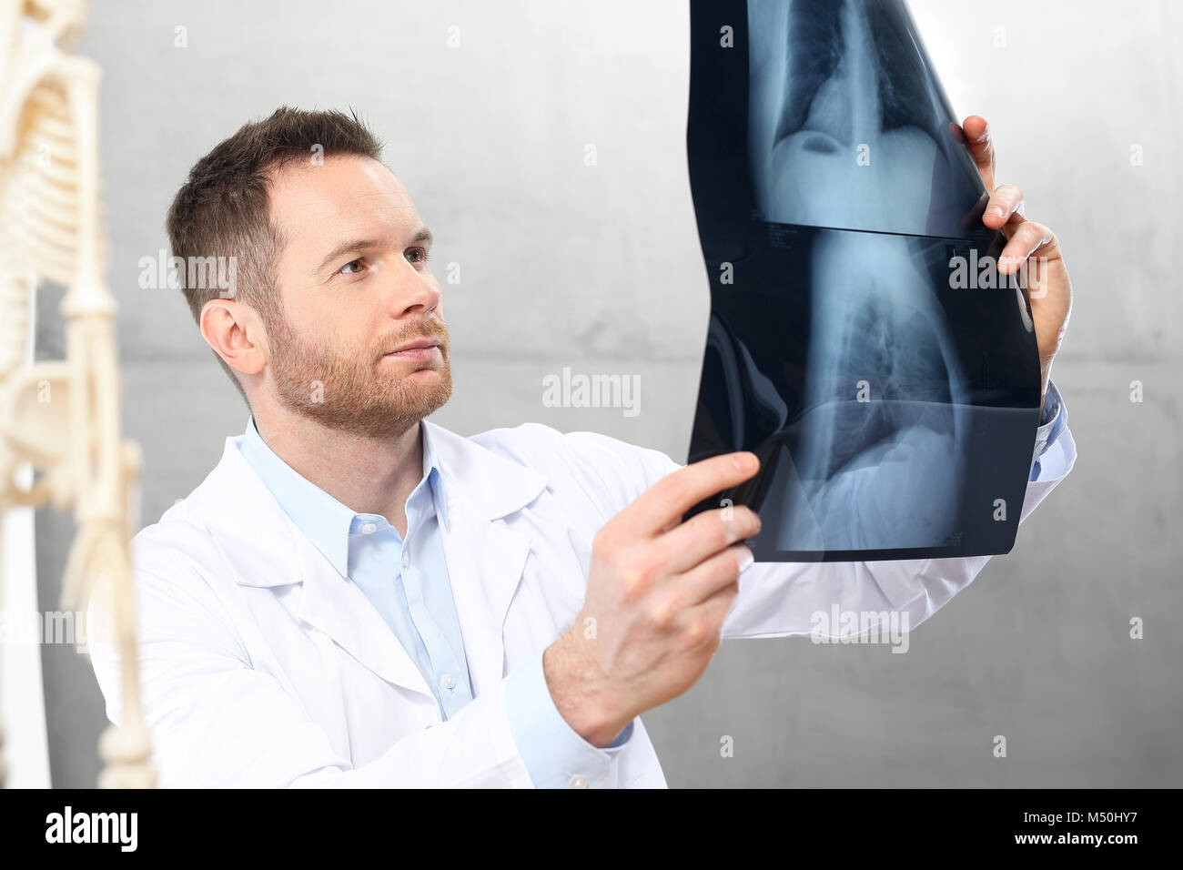 The doctor is watching an Xray. A doctor in a doctor's office is